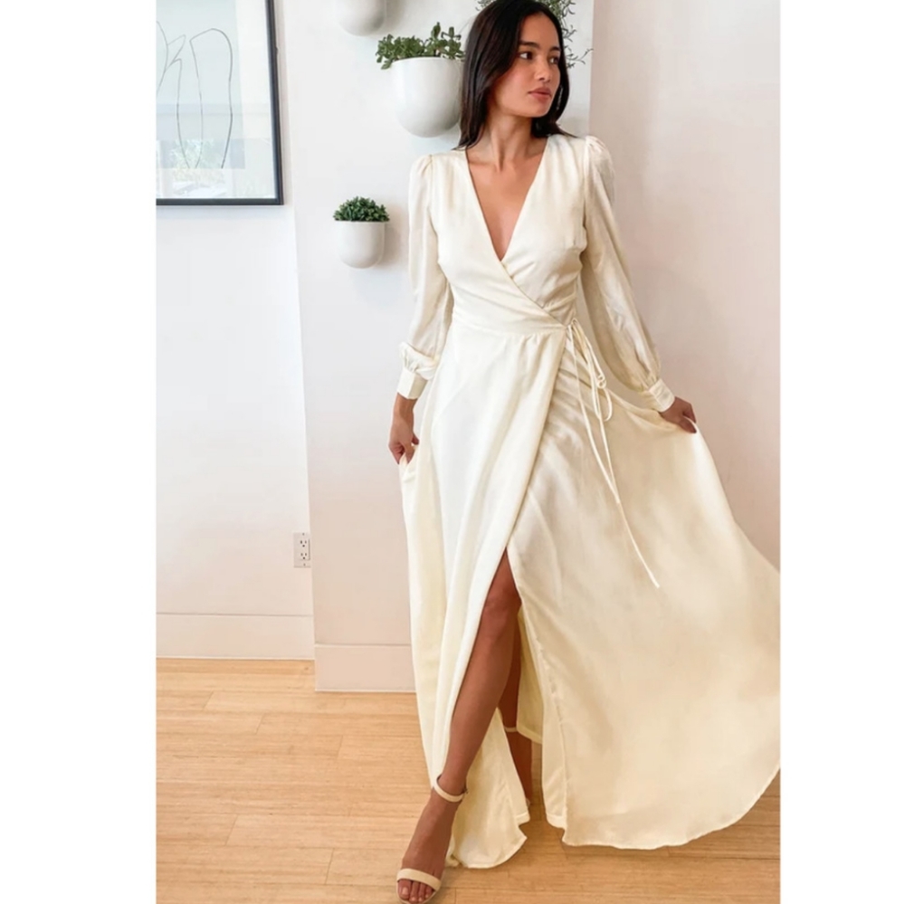 Lulu's Have Faith Ivory Satin Button Sleeve Wrap Maxi Dress in Size XL
